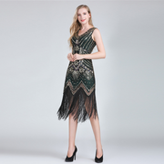 Sequin V Neck Sleeveless Fringe Midi Dress