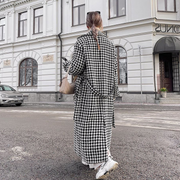 Houndstooth Notched Lapel Belted Long Coat