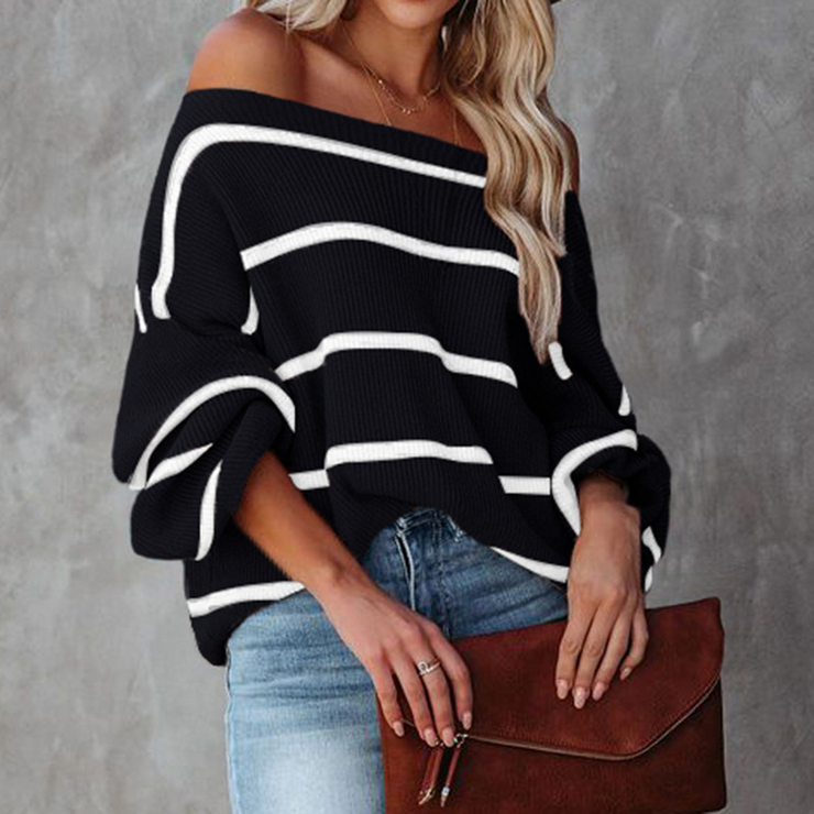 Boho Chic Striped Knit Off Shoulder Sweater