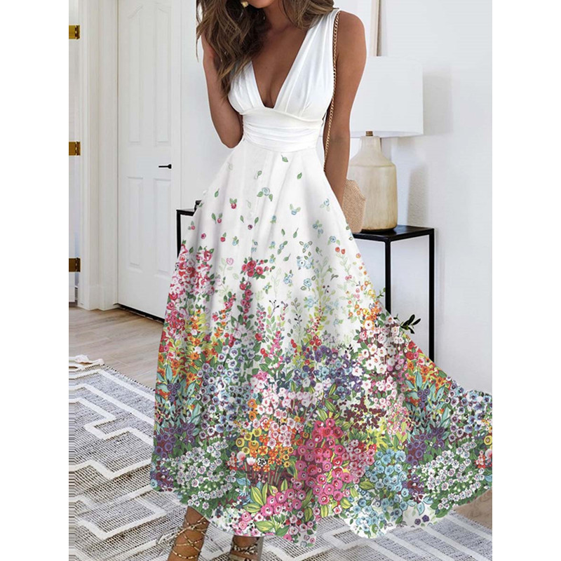 Floral Printed V Neck Loose Maxi Dress