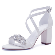 White Open Toe Rhinestone Detail Thick Heel Sandals