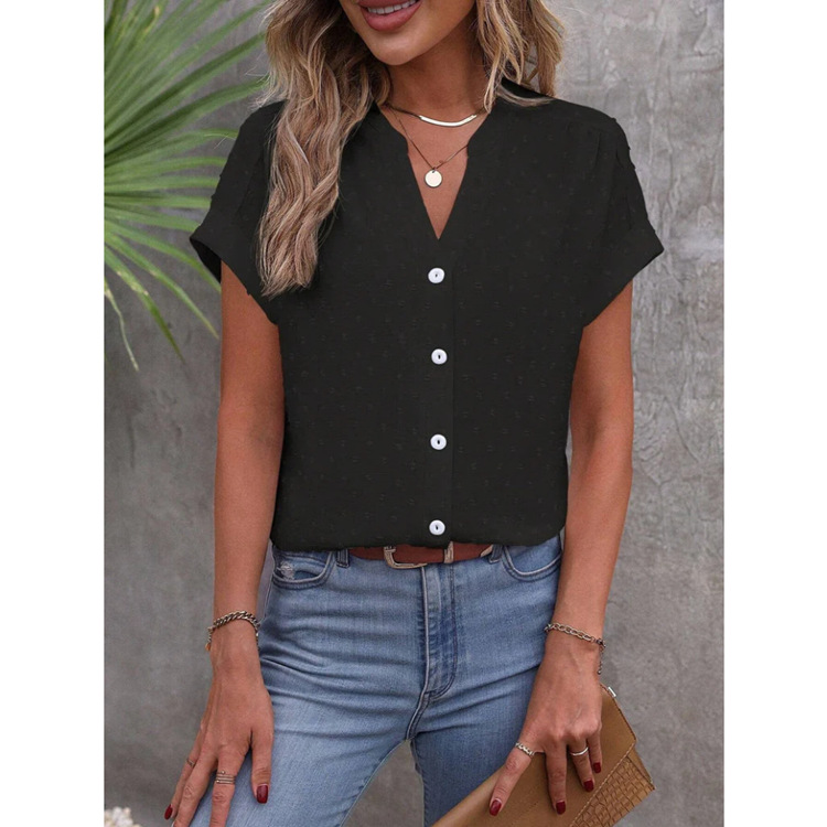 Plain Stand Collar Short Sleeves Loose Blouse