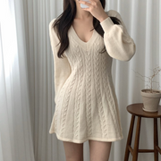 V Neck Long Sleeve Sweater Dress