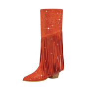 Tassel Rhinestone Round Head Thick Heel High Boots