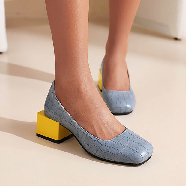 Comfy Low Block Heels Pumps Snake Effect Square Toe Shoes