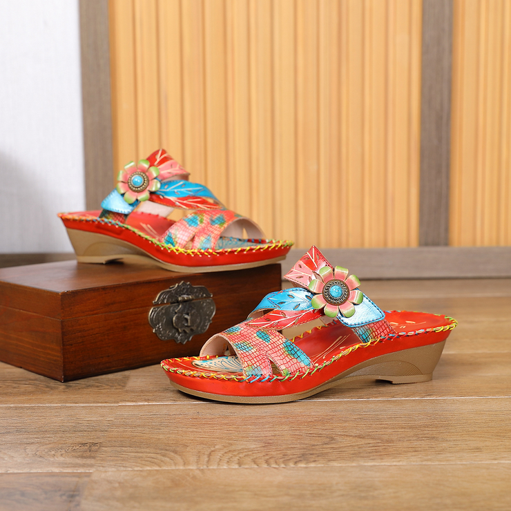 Orange Round Toe Floral Printed Platform Wedge Slippers