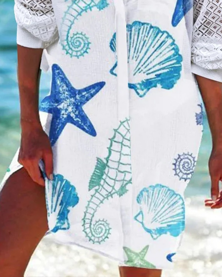 White Printed Casual V Neck Long Sleeves Dress