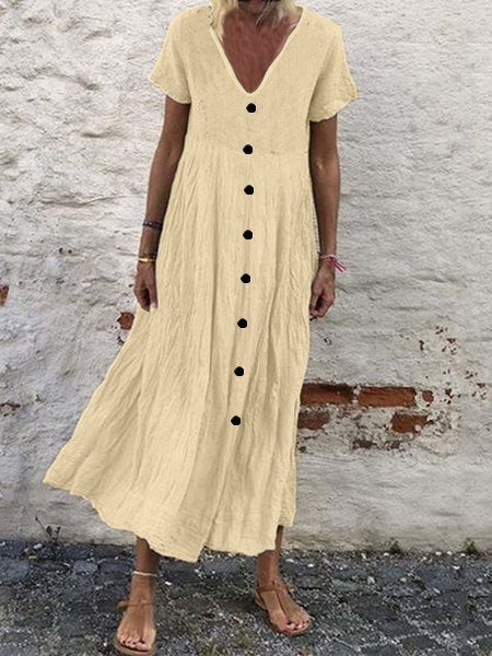 Cotton Plain V Neck Casual Boho Dress