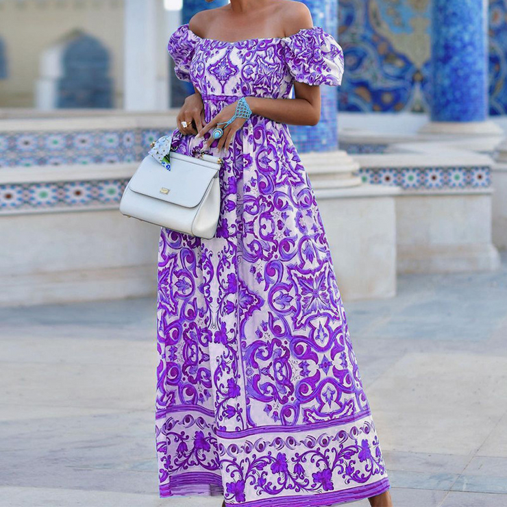 Printed Off-Shoulder Short Sleeves Maxi Dress