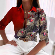 Casual Button Up Collared Feather Pattern Top