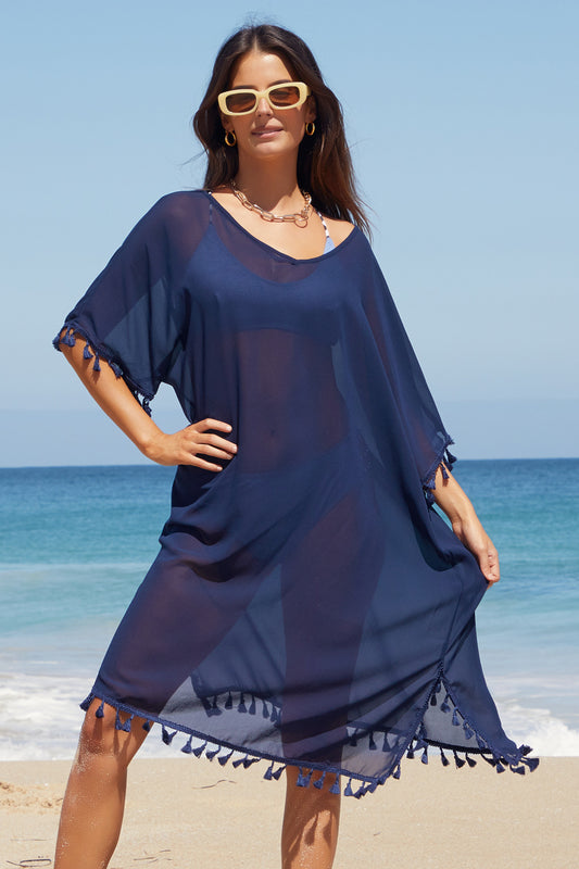 Navy Tassel Split Patchwork Beach Cover Up