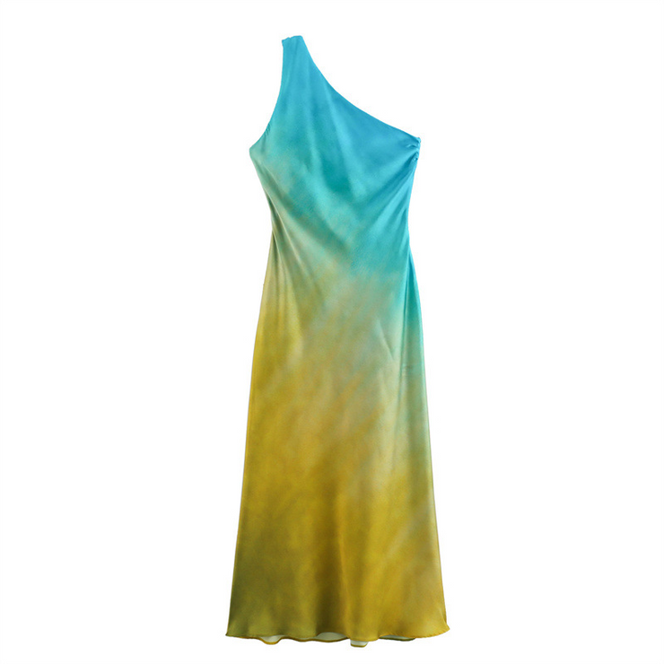 Ombre Print Satin Asymmetrical Maxi Dress