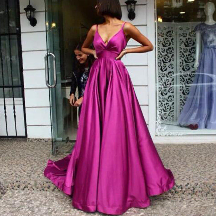 Magenta Satin Deep V-Neck Suspender Prom Dress