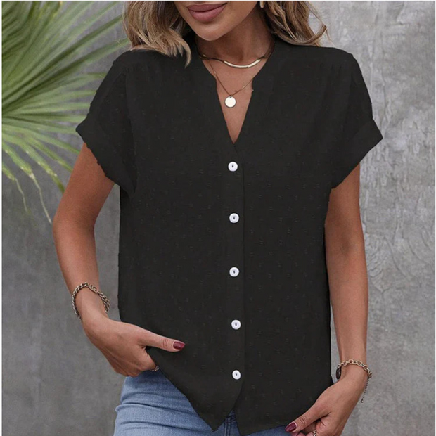 Plain Stand Collar Short Sleeves Loose Blouse