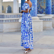 Printed Off-Shoulder Short Sleeves Maxi Dress