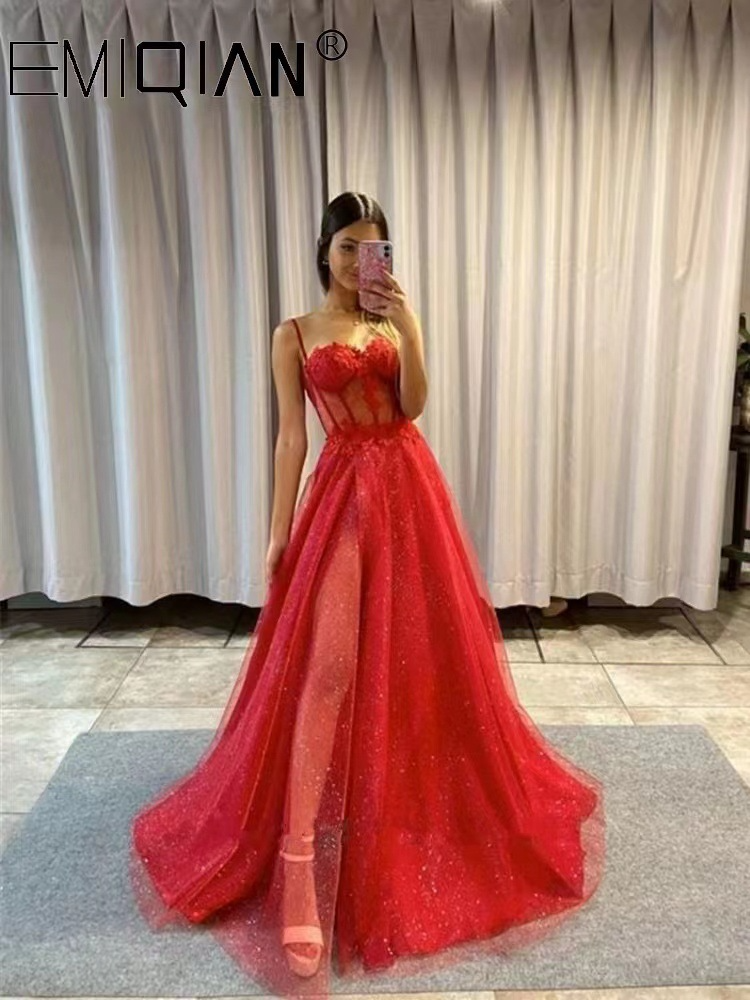 Spaghetti Strap Sleeveless Long Slit Prom Dress