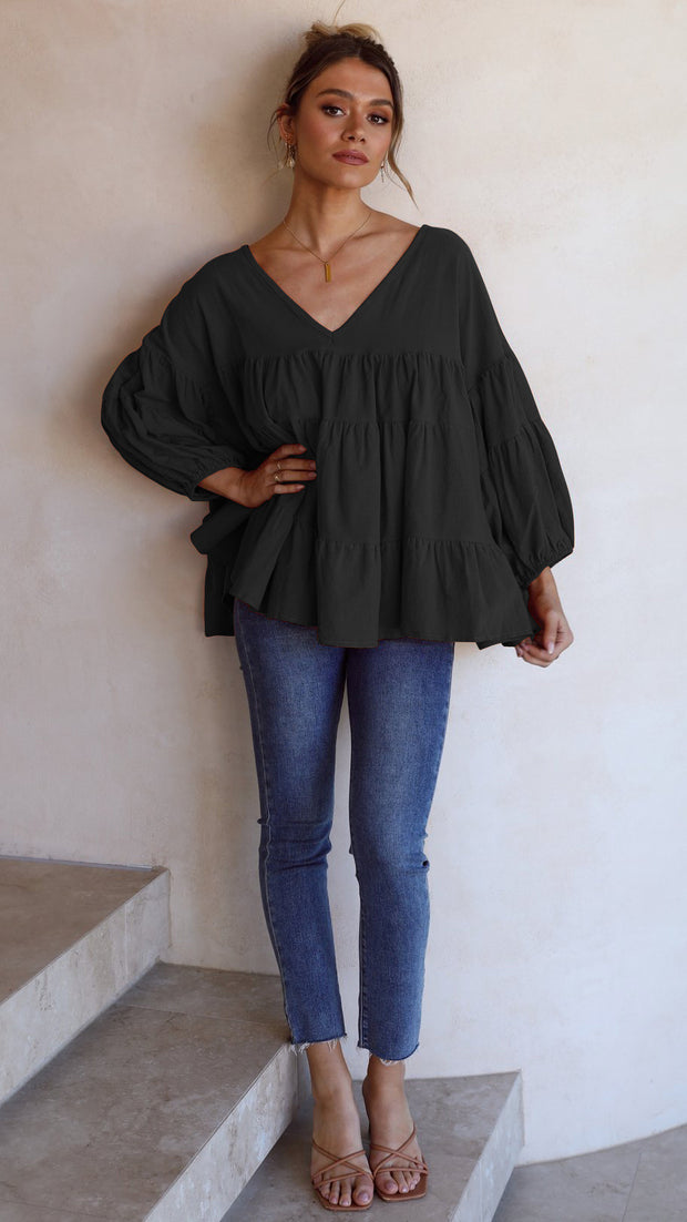 Oversized V-Neck Casual Sweet Loose Tiered Top