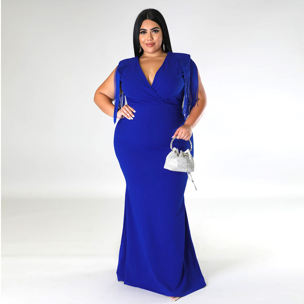 Tassel V-Neck Floor-Length Plain Pullover Plus Size Maxi Dress