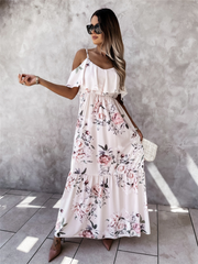 Short Sleeves Floral Printed Straps Pleated Stretch Long Dress