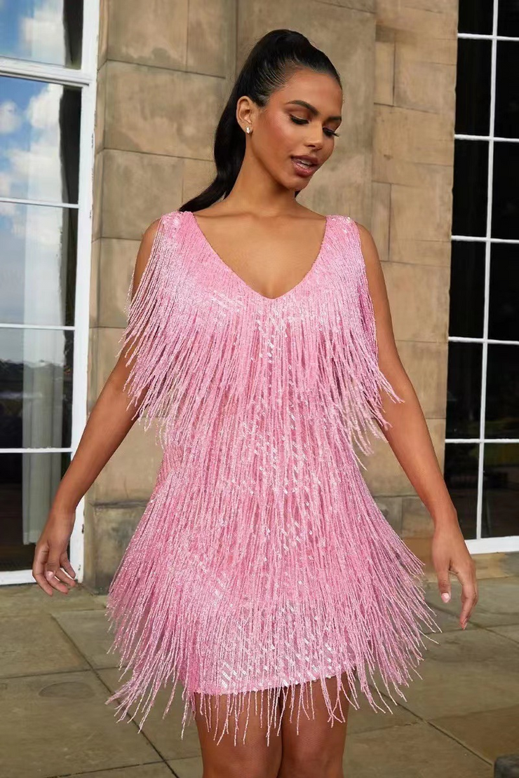 V Neck Sleeveless Tassel Fringe Mini Dress