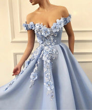 Light Steel Blue Off Shoulder Flower Pleated Banquet Evening Dress