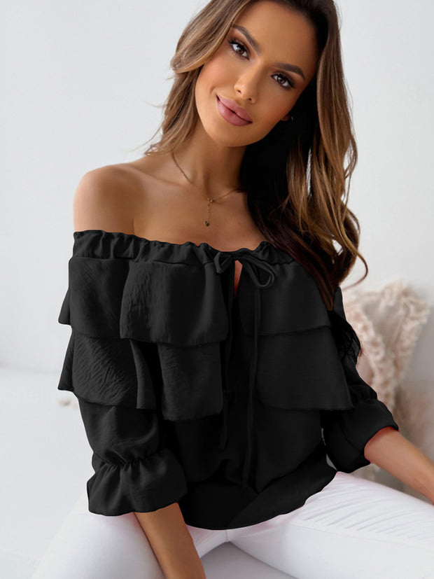 Women Ruffles Bateau Neck Long Sleeves T Shirt