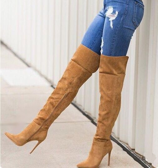 Pointed Toe Stiletto Heel Thigh-High Suede Boots