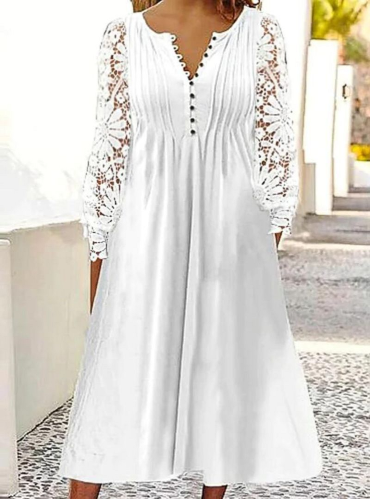 White Lace Sleeves Button Front Casual Dress