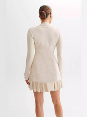 Bow Tie Ruffle Pearl Button Long Sleeve Knit Dress