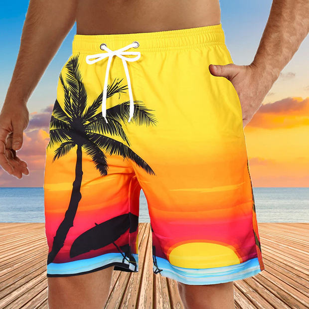 Printed Drawstring Elastic Swim Shorts