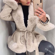 Faux Leather Rabbit Fur Belted Coat Jacket