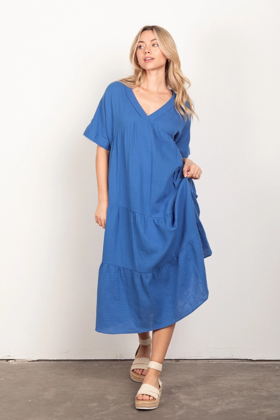 Cotton Poplin Ruffled Tiered Midi Dress