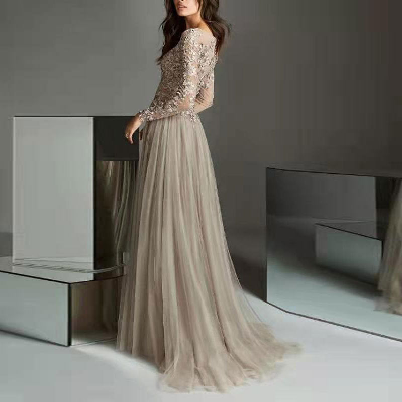 Dark Gray Lace Embroidered Long Sleeved Prom Dress