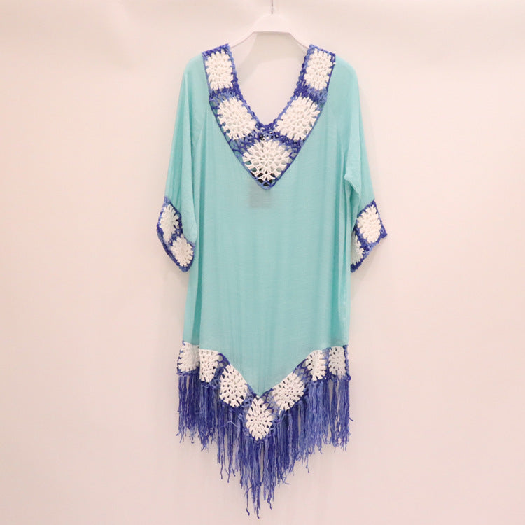 Patchwork Weave Tassel Beach Cover Up