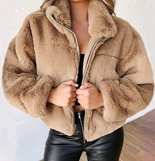 Faux Fur Collared Long Sleeve Cropped Jacket