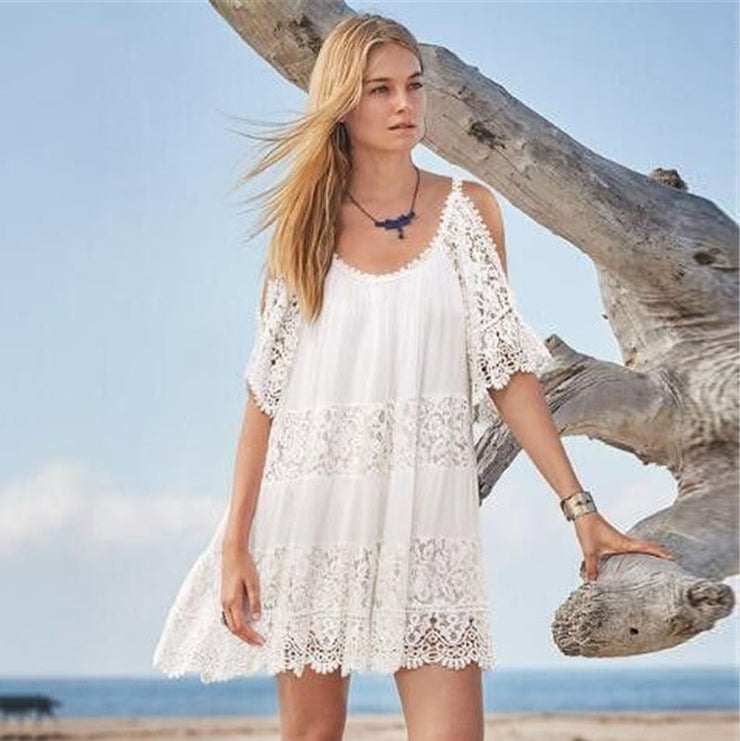 White Lace Cold Shoulder Beach Cover Up