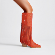 Tassel Rhinestone Round Head Thick Heel High Boots