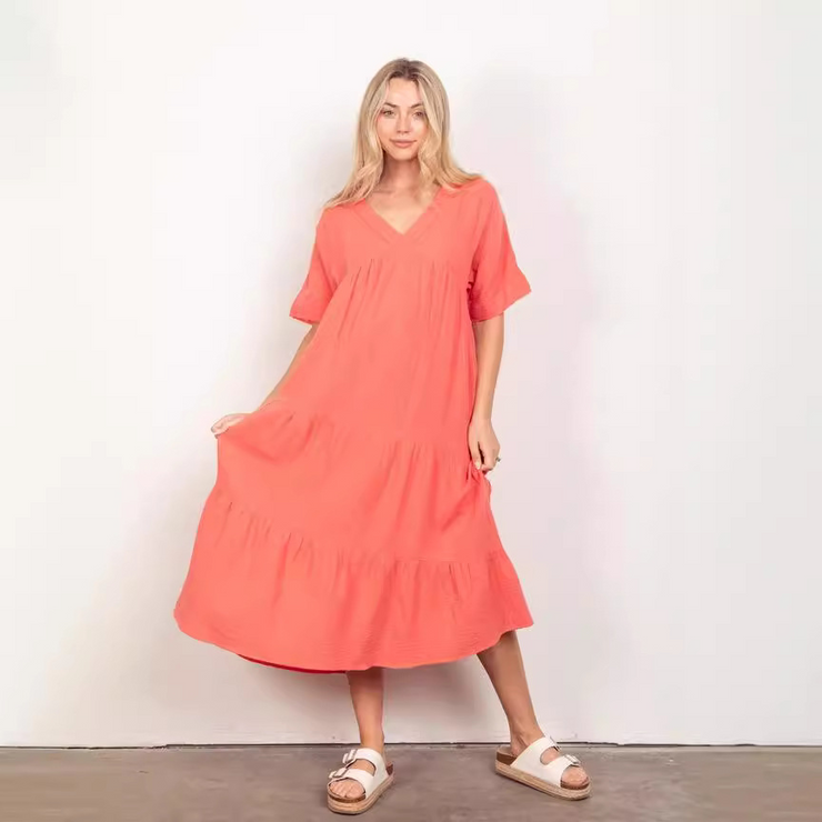 Cotton Poplin Ruffled Tiered Midi Dress