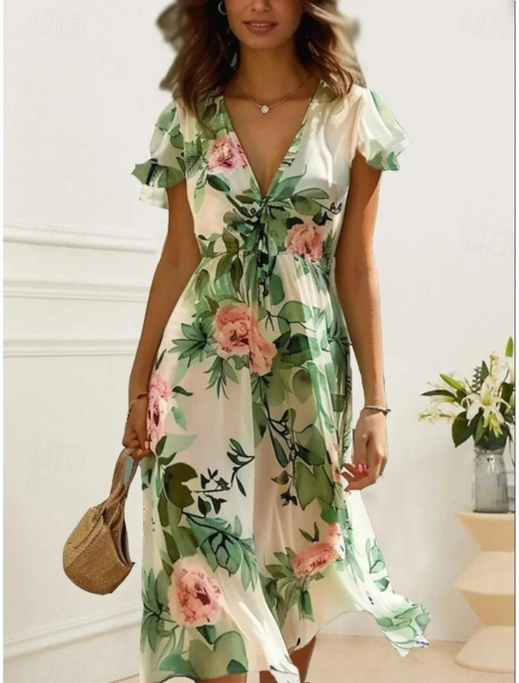 Deep V Neck Floral Printed Casual Dress