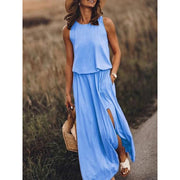 Women's Round Neck Solid Cotton-Blend Boho Maxi Dress