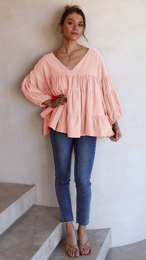 Oversized V-Neck Casual Sweet Loose Tiered Top