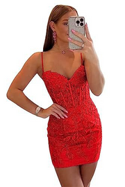 Spaghetti Strap Applique Bodycon Mini Dress