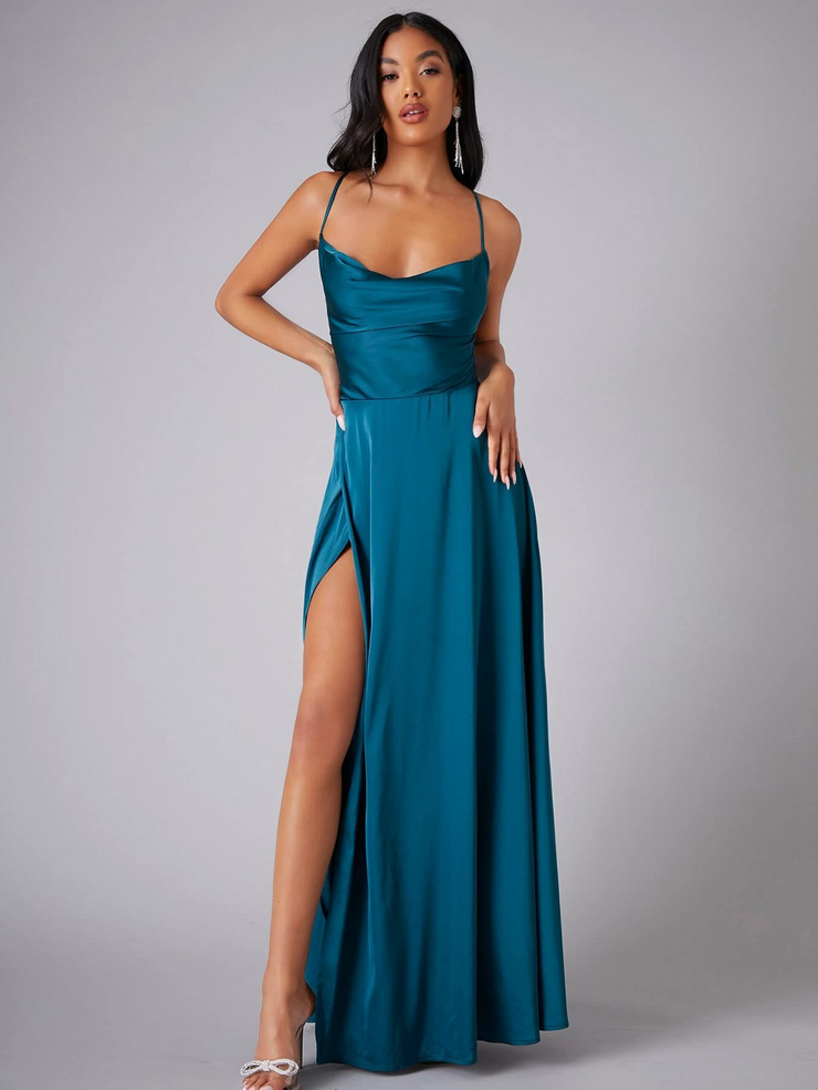 Satin A-Line Sleeveless Front Slit Prom Dress