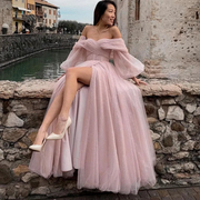 Pink Off Shoulder Long Sleeves Long Prom Dress