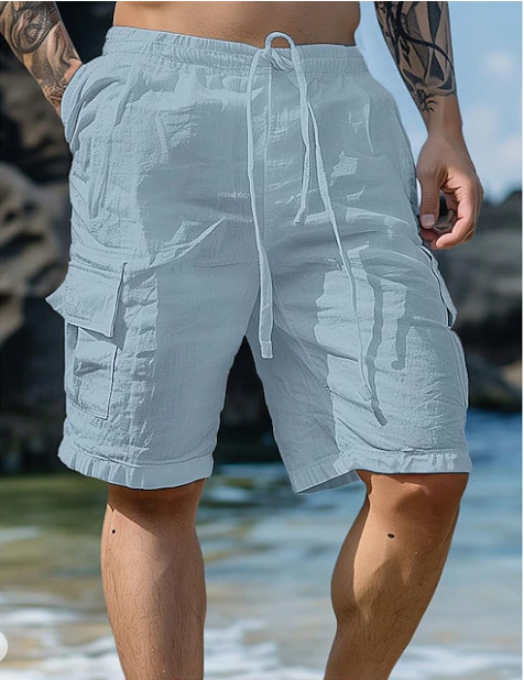 Plain Multi Pockets Linen Knee Length Shorts