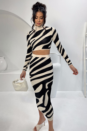 Stripe Knit Turtleneck Long Sleeve Crop Top And Midi Skirt Set