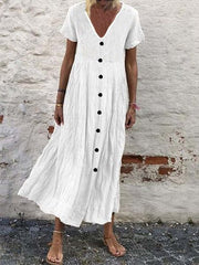 Cotton Plain V Neck Casual Boho Dress