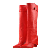 Red Pointed Toe High Heel Wedge Cover Up Fold Over Knee High Boots