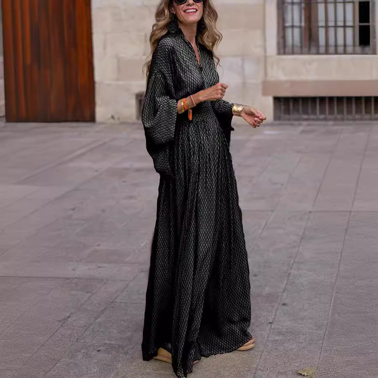 Printed Deep V Neck Long Sleeves Maxi Dress