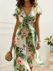 Floral Printed Deep V Neck Short Sleeves Casual Dress